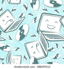 Hand-drawn vector seamless pattern with smiling and sad laptops and netbooks, and laser discs. Eps-8