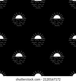 Hand-drawn vector seamless pattern with sun and waves