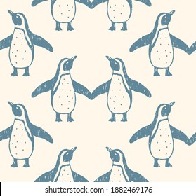 Hand-drawn vector seamless pattern in vintage style with penguins. With the effect of scuffing. African penguins