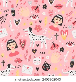 Hand-drawn vector seamless St. Valentine's Day pattern for wrapping paper. Cute texture with doodles - dog, hearts, cats, valentines on pink background