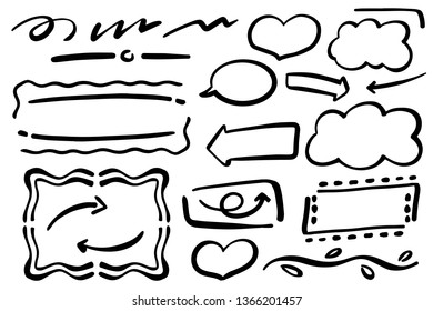 Handdrawn vector separators, frames and arrows on white background. Black ink paper design elements isolated. Page or message box. Comic speech bubbles. Decorative text dividers. Informal book clipart