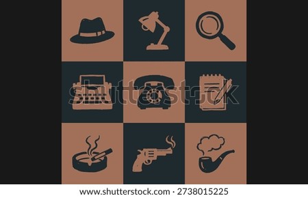 Hand-drawn vector set of 9 iconic elements related to 1950s private investigators, noir films, or criminal investigations. Includes fedora, typewriter, magnifying glass, smoking gun, and rotary phone.