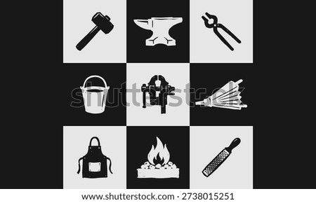 Hand-drawn vector set of 9 iconic blacksmith and forging tools: anvil, hammer, tongs, bellows, forge fire, vise, apron, bucket, and rasp. Monochrome, vintage industrial workshop equipment collection.