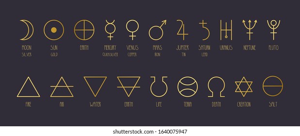 Hand-drawn vector set of alchemical symbols in golden gradient.