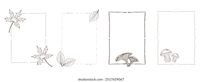 Hand-drawn vector set of autumn frames with botanical elements. Rectangle-shaped frames with leaves and mushrooms in sketch style isolated on a white background