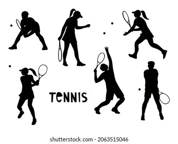 Hand-drawn vector set with black silhouettes of men and women playing tennis. Flat design and lettering phrase play tennis