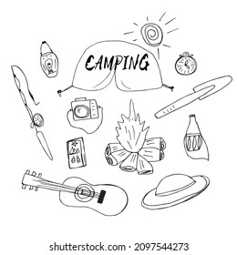 hand-drawn vector set of camping items. Isolated drawing on a white background for banners, leaflets, prints, posters, travel and outdoor recreation design