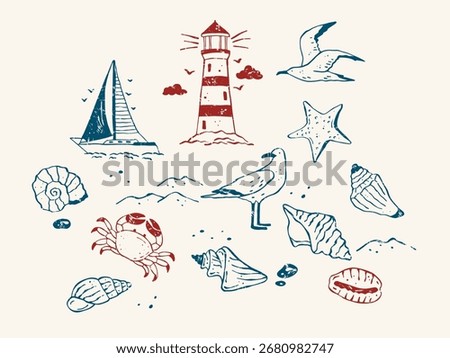 Hand-drawn vector set celebrating marine life and coastal scenery in textured doodle style. Includes lighthouse, yacht, seashells, crab, and seagulls for summer designs