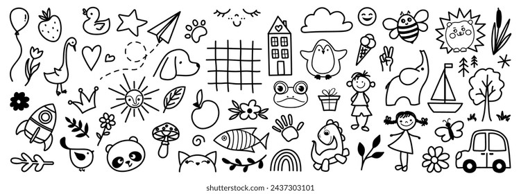 A hand-drawn vector set of children's doodles. A collection of simple decorative elements. Various cute icons highlighted on a white background. Drawings for design, teaching children.
