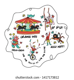 Handdrawn vector set with circus illustrations. Funny print with kids products.