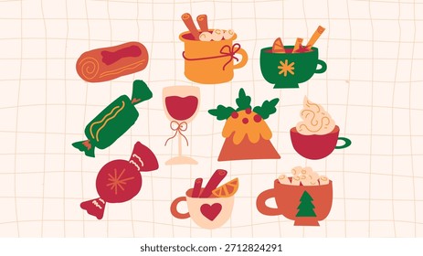 Conjunto de Vector dibujado a mano de Navidades acogedoras, invierno y símbolos de vacaciones del Año Nuevo, que incluyen alimentos, bebidas, regalos y decoraciones tradicionales en el fondo de la cuadrícula