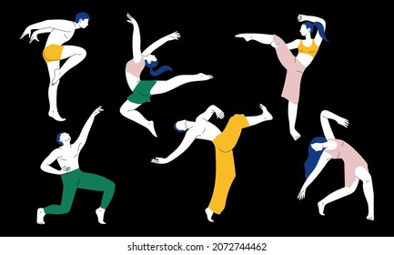 Hand-drawn vector set with dancers. Men and women in modern dance poses on black background. 