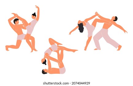 Hand-drawn vector set with dancers. Men and women in modern dance poses in pastel colors. 