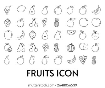 Conjunto de vetor desenhado à mão de alimentos e ícones de frutas para uma arte de linha de padrão de design sem costura
