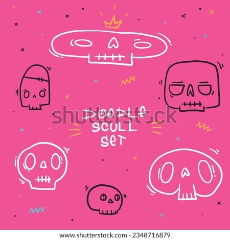 Handdrawn vector set of doodle stickers for Halloween. Line art human skull with golden yellow crown on pink background. Cartoon style. Concept of holiday, horror, humor. Simple illustration. Graffiti