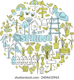 Hand-Drawn Vector Set Of Doodles On A Spring Theme, Featuring Flowers, Garden Tools, And Birdhouses