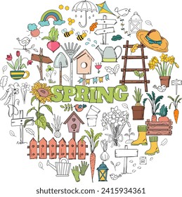 Hand-Drawn Vector Set Of Doodles On A Spring Theme, Featuring Flowers, Garden Tools, And Birdhouses