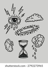 Hand-drawn vector set featuring a crying eye with lightning, a cloud, galaxy, broken rock, and an hourglass, perfect for vintage designs