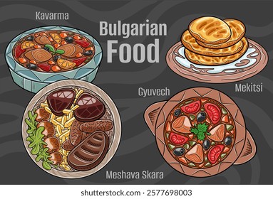 A hand-drawn vector set featuring famous Bulgarian dishes.