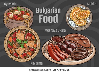 A hand-drawn vector set featuring famous Bulgarian dishes.