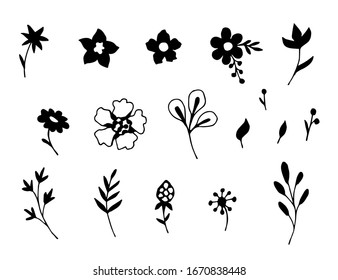 Hand-drawn vector set of floral elements. Black silhouette of small flowers, leaves, twigs on a white background. For prints of stickers, labels, patterns. A simple sketch.