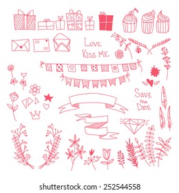 Hand-drawn vector set  with  flowers, ribbons, cupcakes, gift boxes. Floral elements for wedding invitation