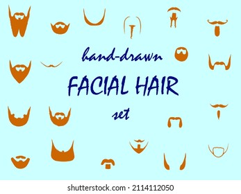 Сool hand-drawn vector set of ginger (red) colored facial hair, beards and moustaches. All elements are movable. Download and have fun!