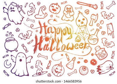 Hand-drawn vector set of Halloween cartoon doodles.
