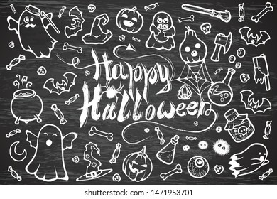 Hand-drawn vector set of Halloween cartoon doodles.