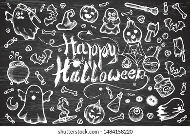 Hand-drawn vector set of Halloween cartoon doodles.