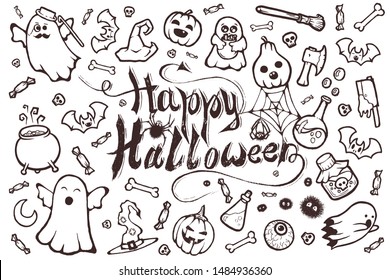 Hand-drawn vector set of Halloween cartoon doodles.