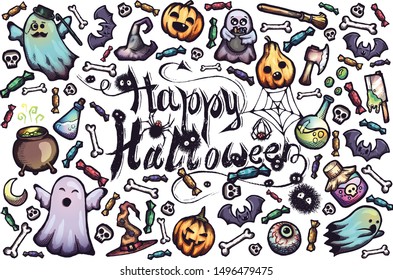 Hand-drawn vector set of Halloween cartoon doodles.