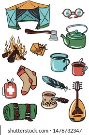 Hand-drawn vector set of icons on traveling theme. Made of campfire, cups, warm socks, teapot, vintage van, glasses etc. Perfect for prints, cards, stationery with camping, hiking, exploring theme