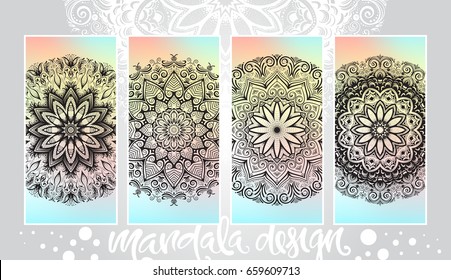 Hand-drawn vector set  illustration of a Mandala. Ornament mehndi, henna pattern. Can be used for textiles, printing on phone, yoga Mat, coloring.