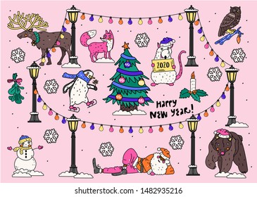 Handdrawn vector set - illustrations of cartoon animals and Santa Claus "Happy new year and Merry christmas" Holiday sketch.