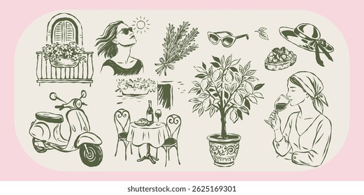 Hand-drawn vector set with lemon tree, retro scooter, café table, wine, balcony, herbs, desserts, and elegant women. Inspired by Italian summer, food, leisure, and travel moments