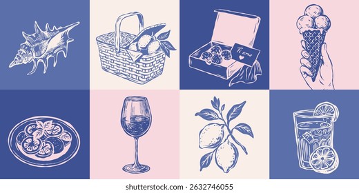 Vetor desenhado à mão com símbolos de verão mediterrâneo: limões, vinho, gelato, frutos do mar, cesta de piquenique, bebidas. Olhar italiano vintage. Perfeito para projetos de embalagem, decoração, menus ou viagens.
