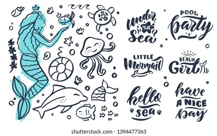 Hand-drawn vector set "Mermaid vibes". Handwritten lettering and illustration for birthday party, posters background, postcard, banner, etc. Print on cup, bag, shirt, package, balloon