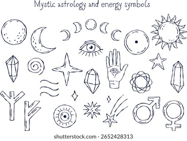 Um conjunto vetorial desenhado à mão de símbolos de astrologia mística em arte de linhas limpas. Inclui fases da lua, sol, estrelas, cristais, olho, mão, runas e outros elementos esotéricos