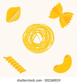 Hand-drawn vector set pasta in different shapes - Farfalle, penne, fusilli.