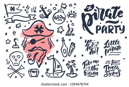 Hand-drawn vector set "Pirate vibes". Handwritten lettering and illustration for birthday party, posters background, postcard, banner, etc. Print on cup, bag, shirt, package, balloon
