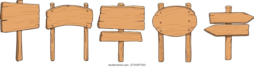 Conjunto de Vector dibujado a mano de letreros de madera rústica y flechas direccionales. Tablones de madera en blanco en postes aislados en blanco. Perfecto para la navegación, camping, granja y diseños de parques al aire libre.