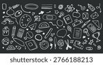 Hand-drawn vector set of school and education doodles in white outline on dark background. Includes books, stationery, scientific elements, sports items and classroom symbols. Playful sketch style perfect for backgrounds, posters, and educational designs.