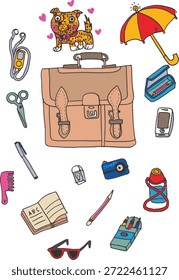 Conjunto de Vector dibujado a mano de útiles escolares y artículos personales que incluyen cartera, papelería, cámara y lindo personaje de perro.