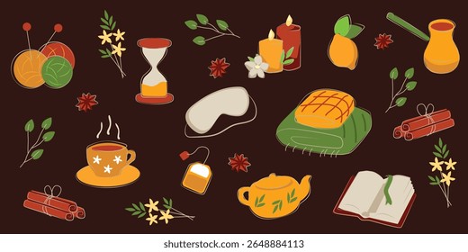 Conjunto de vetor desenhado à mão de estilos de vida lentos essenciais com chá relaxante, cobertor quente, leitura, elementos de ervas e ícones de atenção plena