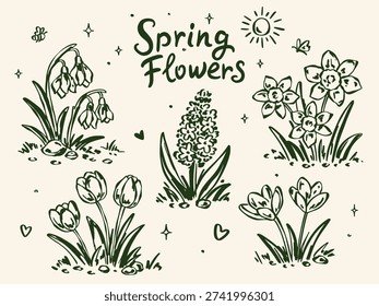 Hand-drawn vector set of spring flowers: snowdrop, daffodil, tulip, crocus, hyacinth. Monochrome whimsical doodles, perfect for cards, stationery, decor, and seasonal design