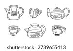 Hand-drawn vector set of tea pots and cups isolated on white background. Line sketch illutration of different types of herbal tea with lemon and camomile flowers. Clipart for cafe menu, web, logo.