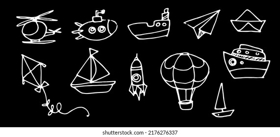 Hand-drawn vector set of transport elements Helicopter Submarine Balloon Rocket, liner white outline on black isolated background in doodle style Children's style for your design template