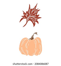 The handdrawn vector set of two autumn attributes such as pumpkin an maple leaf