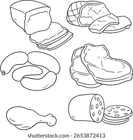 Um conjunto de vetor desenhado à mão de várias carnes deli, incluindo salsichas, presunto, bolonha fatiada, carne assada e um pedaço de carne curada. Ideal para ilustrar açougues, pranchas de charcutaria, embalagens de alimentos.